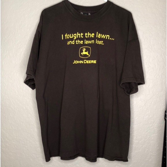 John Deere “I fought the lawn and the lawn lost” cotton t-shirt brown/yellow - Picture 1 of 6